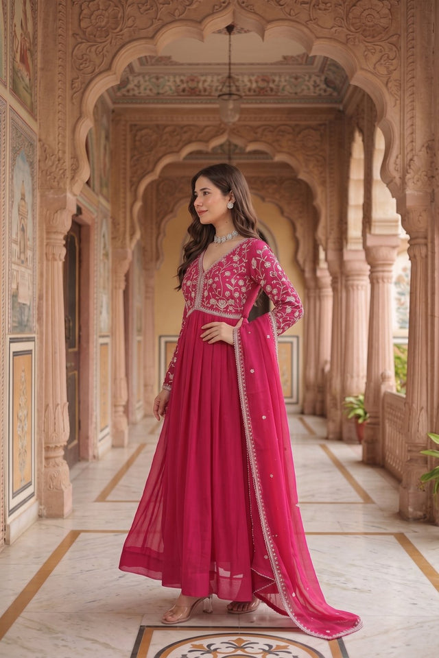 Pink Floral Embroidered Georgette Gown (ACA9106)