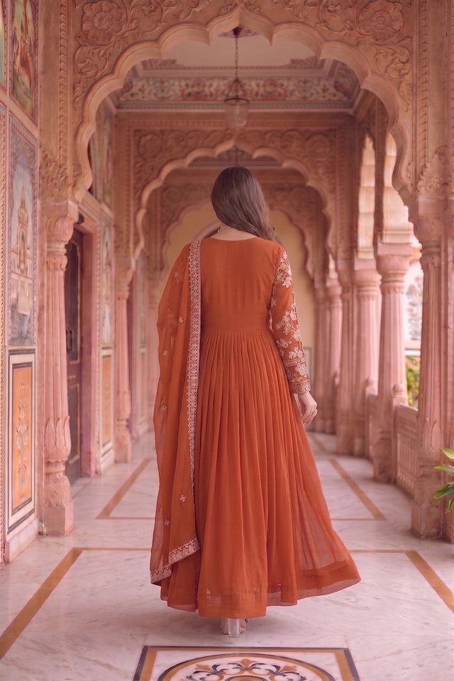Rust Floral Embroidered Georgette Gown (ACA9107)