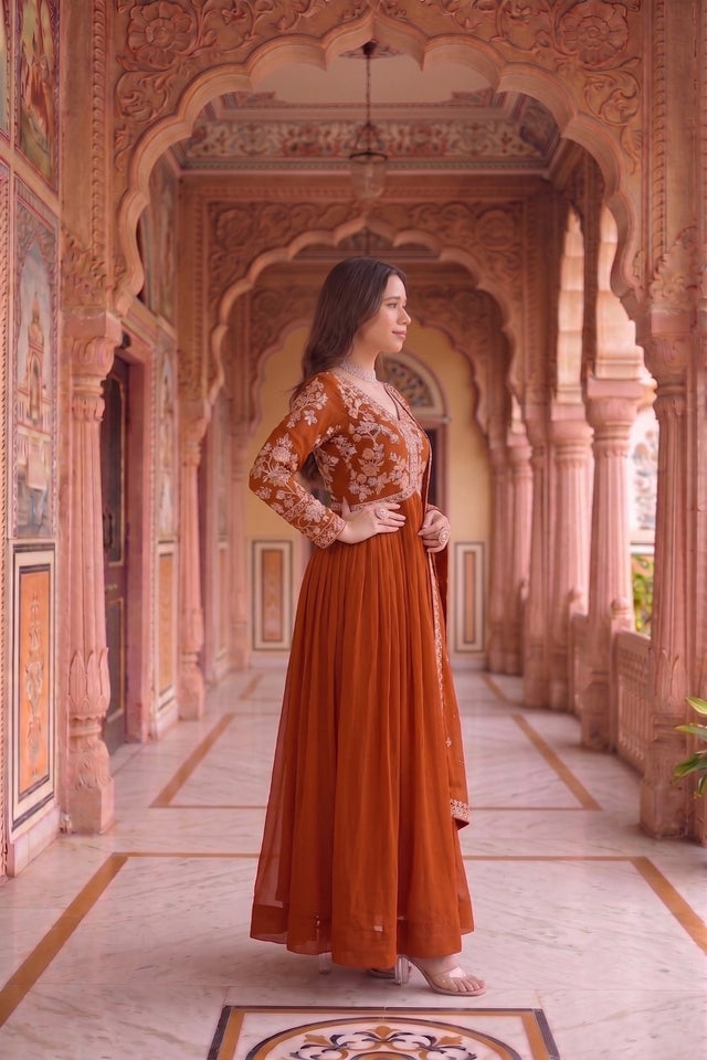 Rust Floral Embroidered Georgette Gown (ACA9107)