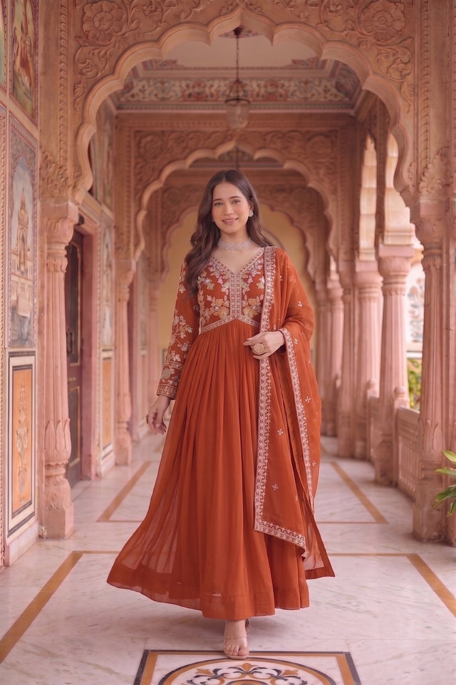 Rust Floral Embroidered Georgette Gown (ACA9107)
