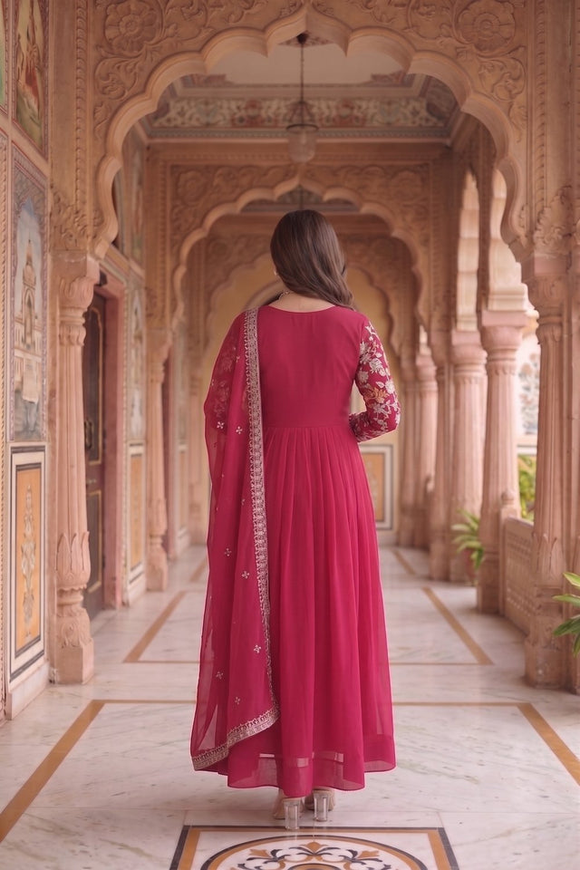 Red Floral Embroidered Georgette Gown (ACA9108)