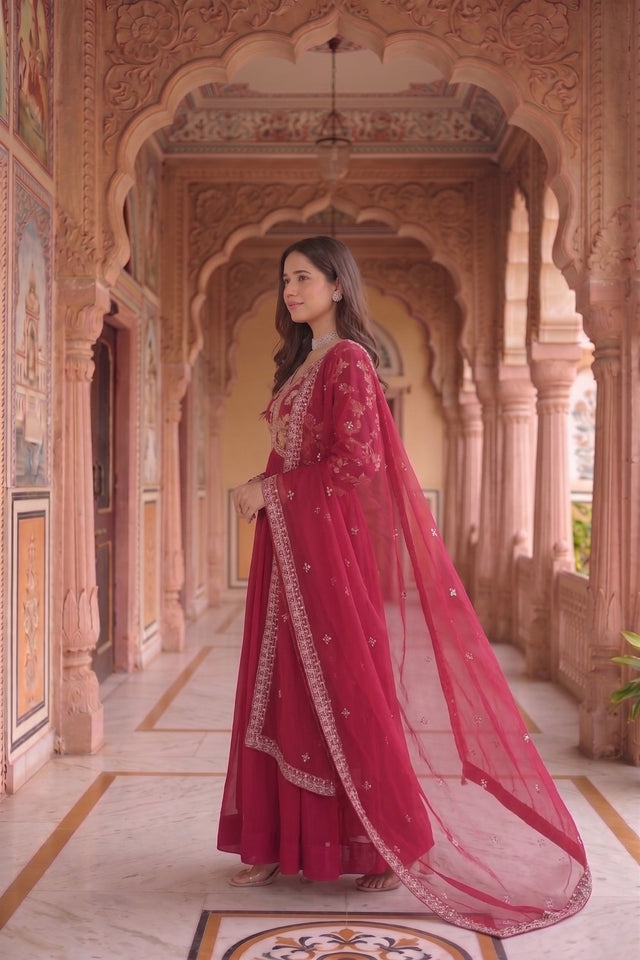 Red Floral Embroidered Georgette Gown (ACA9108)