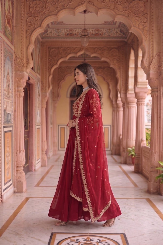 Maroon Floral Embroidered Georgette Gown (ACA9110)