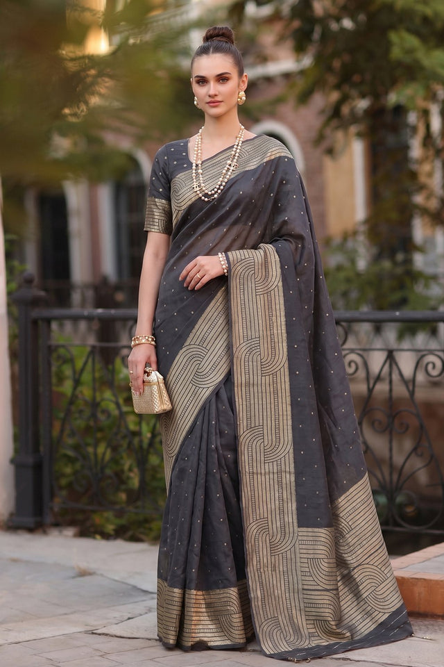 Black Woven Cotton Blend Saree (ACA9111)