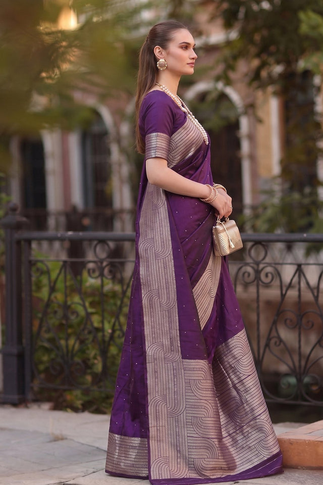 Purple Woven Cotton Blend Saree (ACA9115)