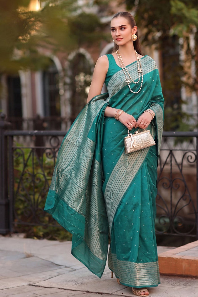 Turquoise Woven Cotton Blend Saree (ACA9116)