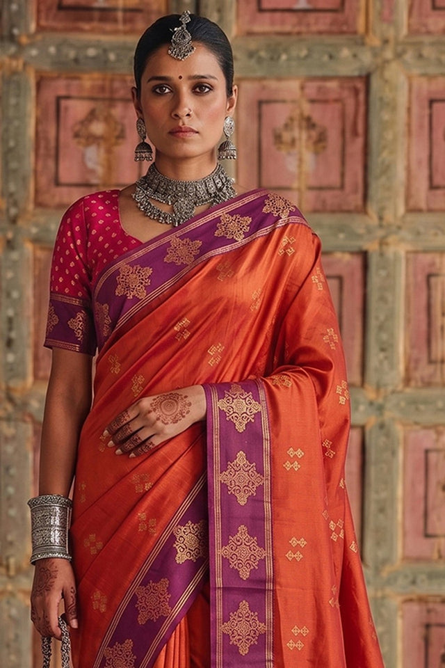 Orange Woven Soft Silk Saree (ACA9118)