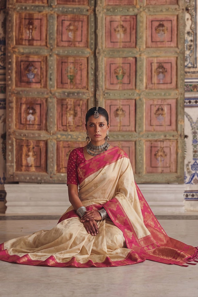 Cream Woven Soft Silk Saree (ACA9121)