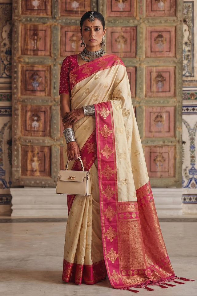 Cream Woven Soft Silk Saree (ACA9121)