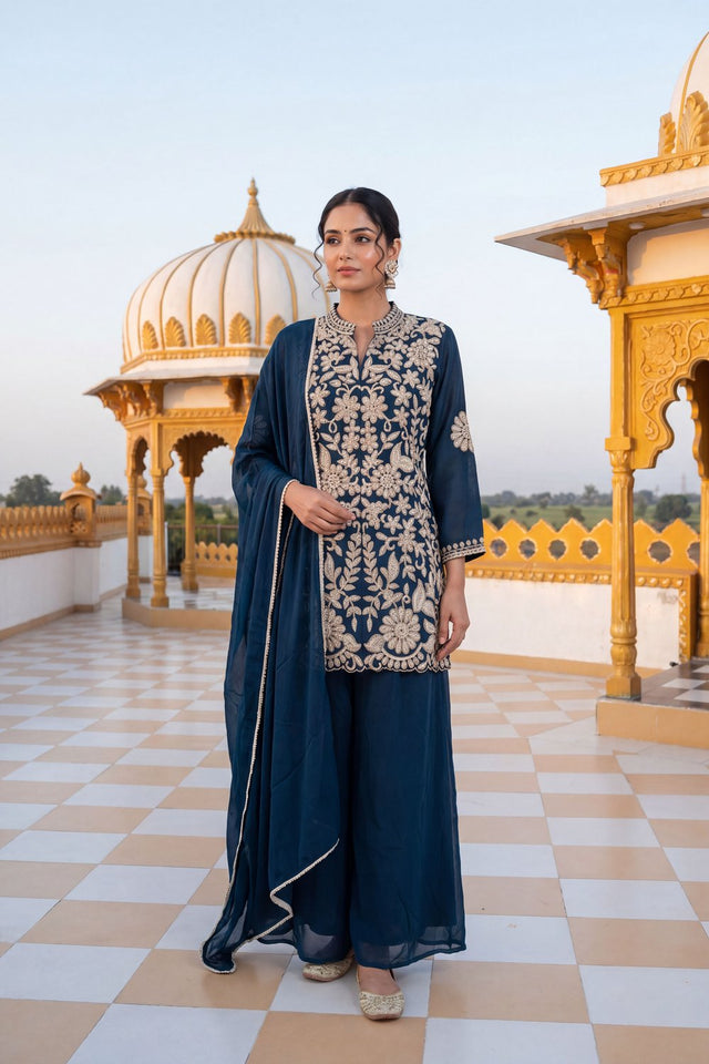 Blue Floral Embroidered Chinon Palazzo Suit (ACA9122)