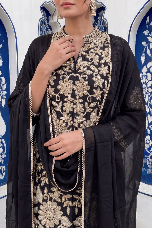 Black Floral Embroidered Chinon Palazzo Suit (ACA9123)