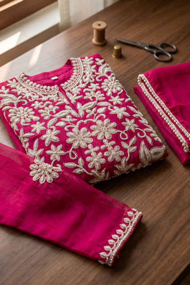 Pink Floral Embroidered Chinon Palazzo Suit (ACA9124)