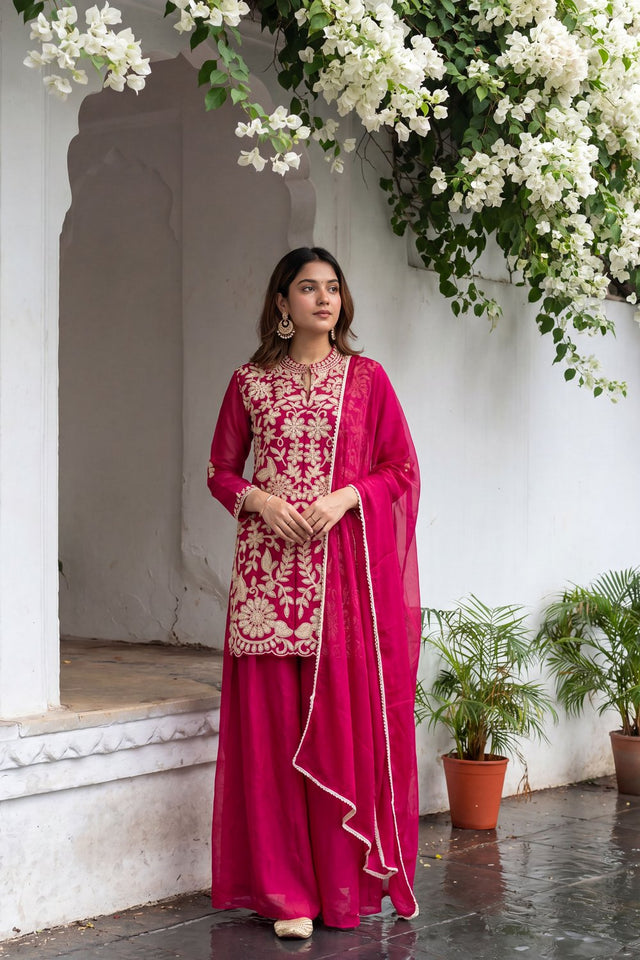 Pink Floral Embroidered Chinon Palazzo Suit (ACA9124)