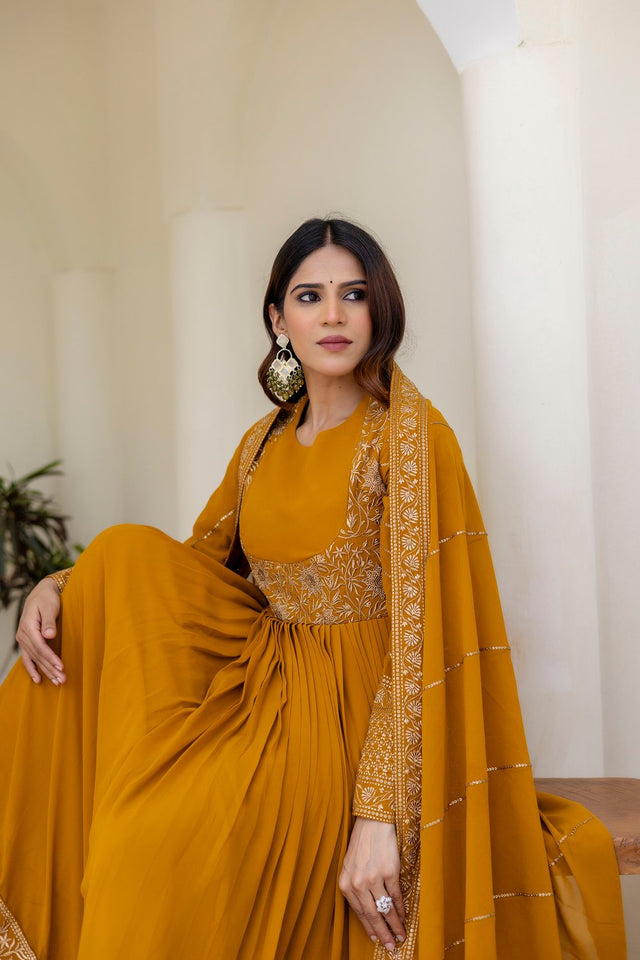 Mustard Floral Embroidered Georgette Gown (ACA9125)