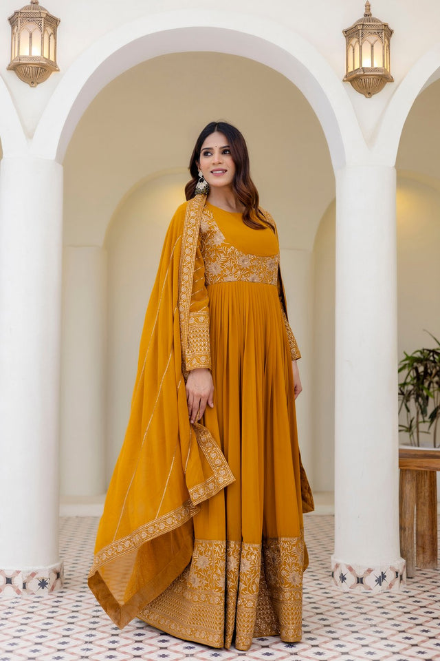 Mustard Floral Embroidered Georgette Gown (ACA9125)