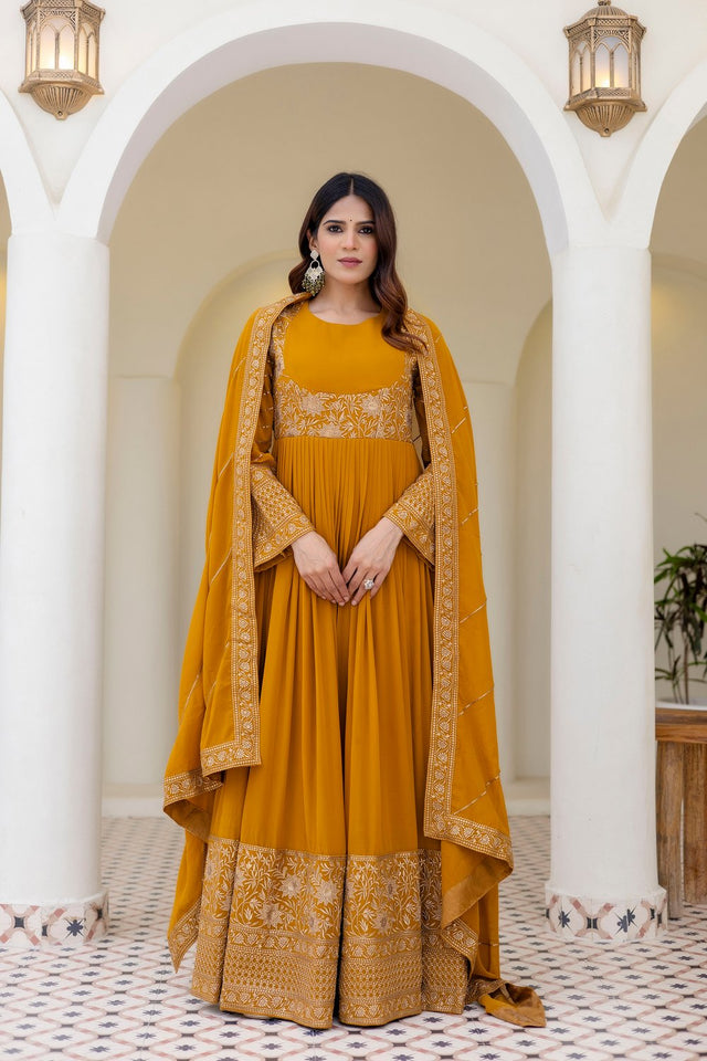 Mustard Floral Embroidered Georgette Gown (ACA9125)