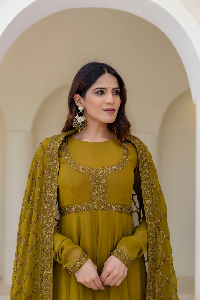 Olive Green Floral Embroidered Georgette Gown (ACA9126)