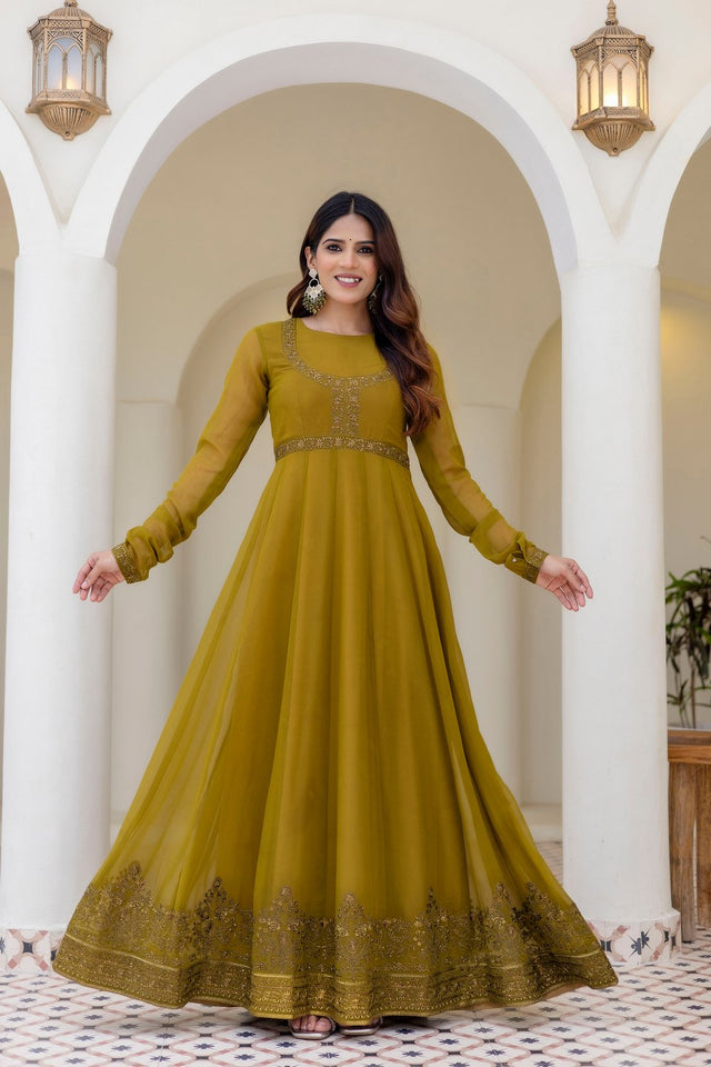 Olive Green Floral Embroidered Georgette Gown (ACA9126)