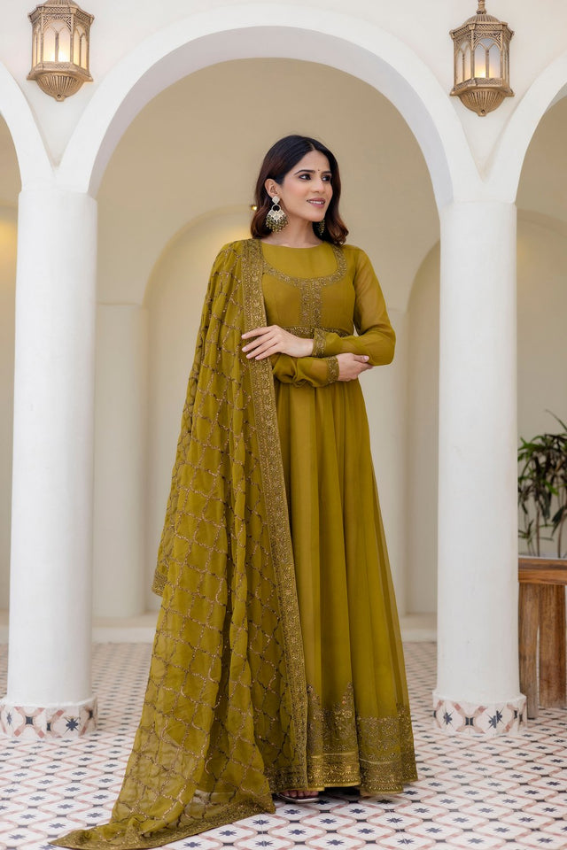 Olive Green Floral Embroidered Georgette Gown (ACA9126)