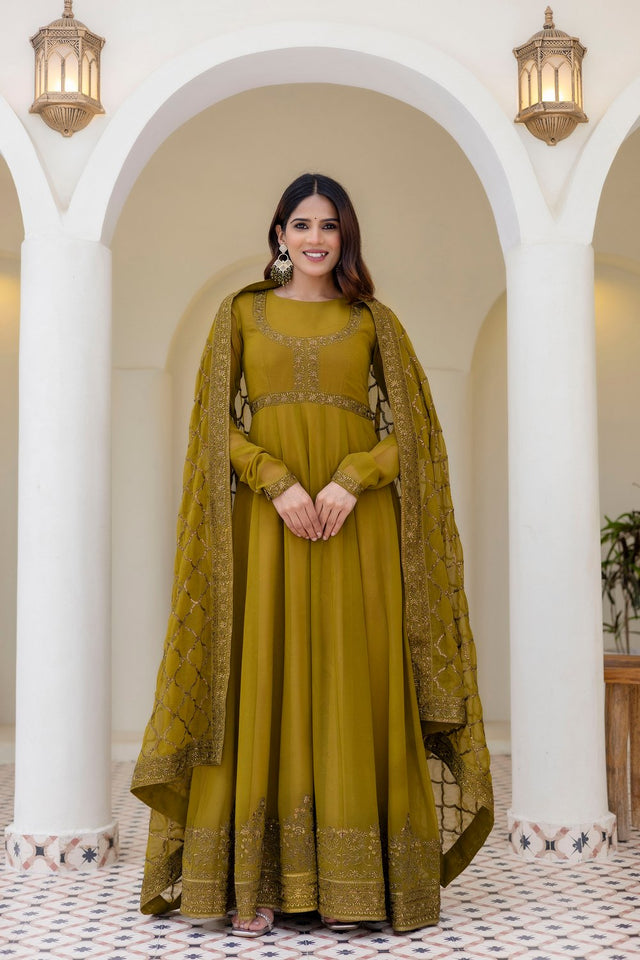 Olive Green Floral Embroidered Georgette Gown (ACA9126)