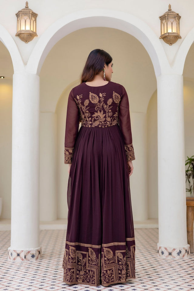 Brown Floral Embroidered Georgette Gown (ACA9127)