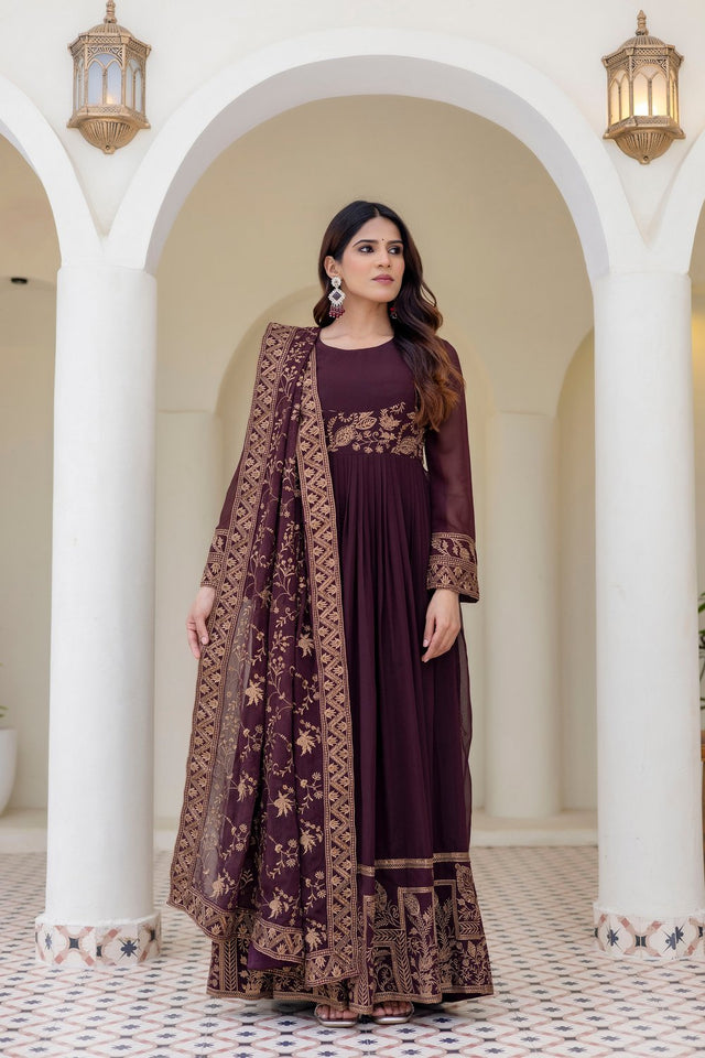 Brown Floral Embroidered Georgette Gown (ACA9127)