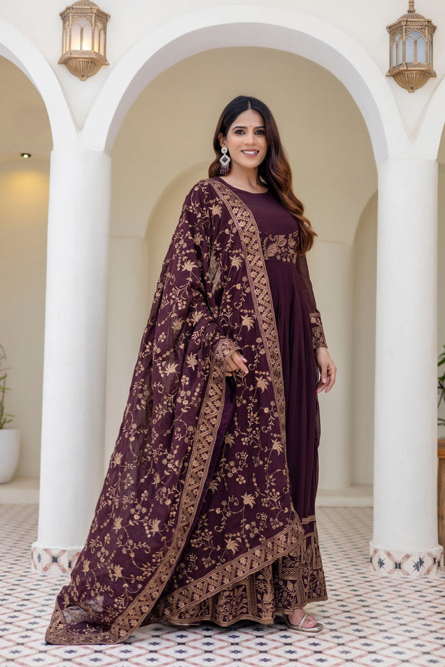 Brown Floral Embroidered Georgette Gown (ACA9127)