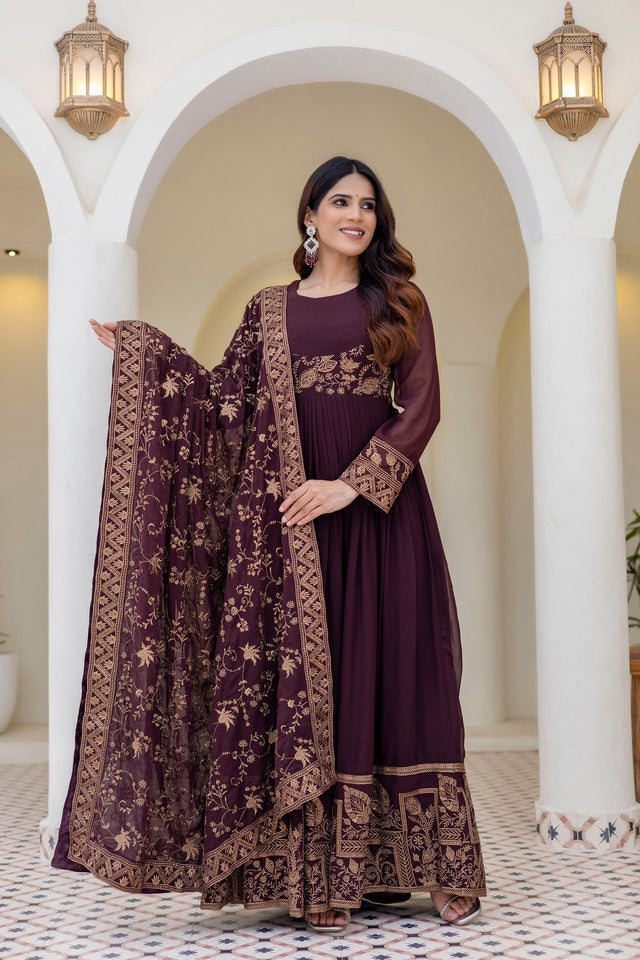 Brown Floral Embroidered Georgette Gown (ACA9127)