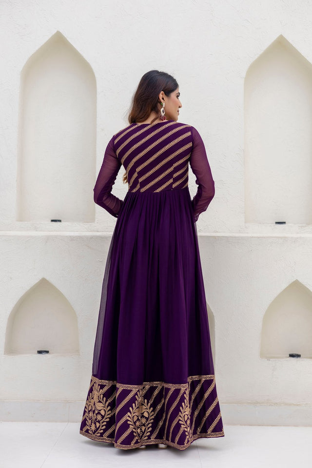 Wine Floral Embroidered Georgette Gown (ACA9128)