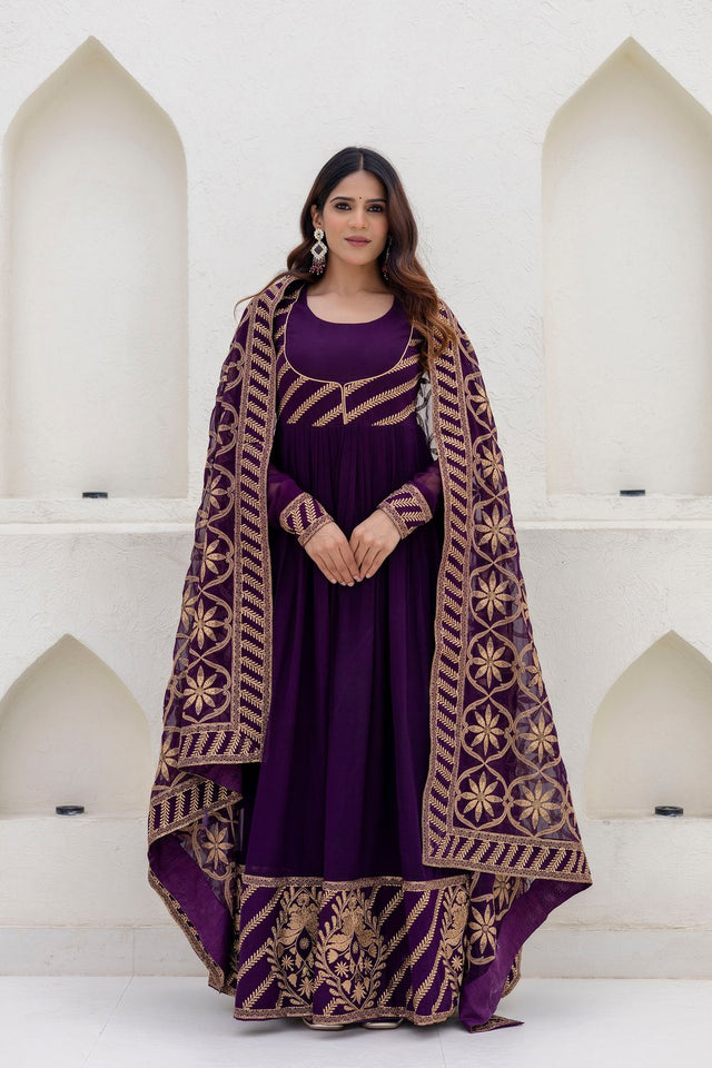Wine Floral Embroidered Georgette Gown (ACA9128)
