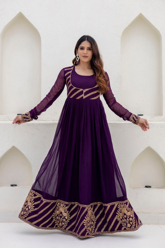 Wine Floral Embroidered Georgette Gown (ACA9128)