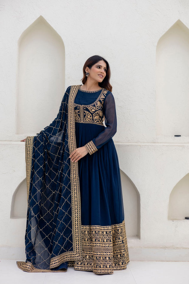 Blue Floral Embroidered Georgette Gown (ACA9129)
