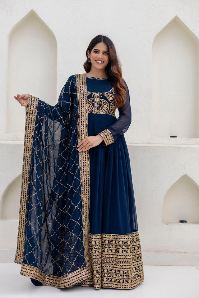 Blue Floral Embroidered Georgette Gown (ACA9129)