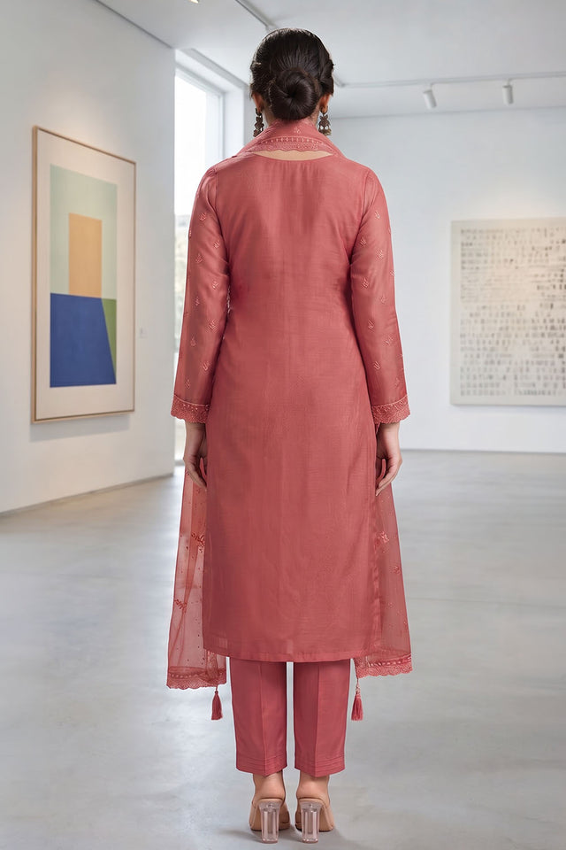 Red Embroidered Chiffon Straight Cut Suit (ACA9130)
