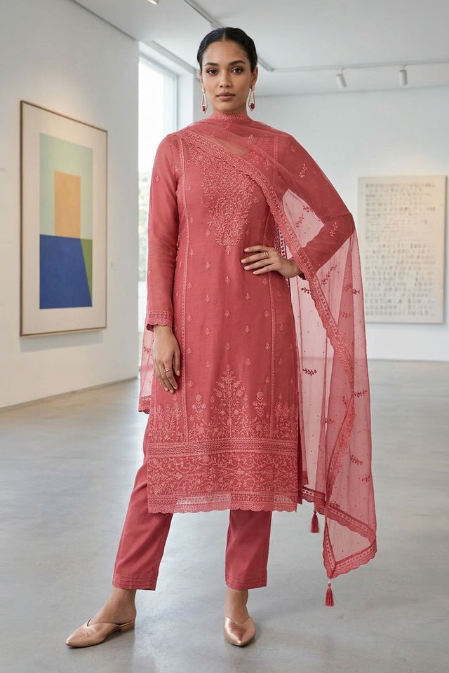 Red Embroidered Chiffon Straight Cut Suit (ACA9130)