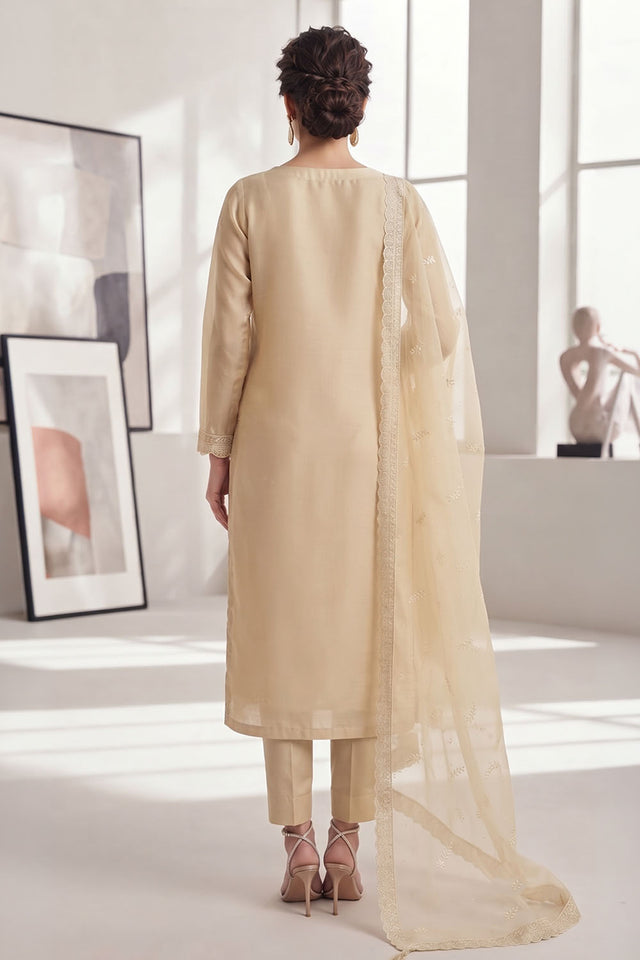 Cream Embroidered Chiffon Straight Cut Suit (ACA9131)