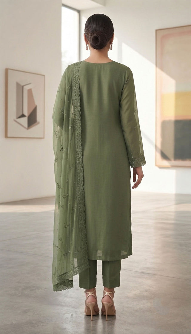 Mehendi Embroidered Chiffon Straight Cut Suit (ACA9132)