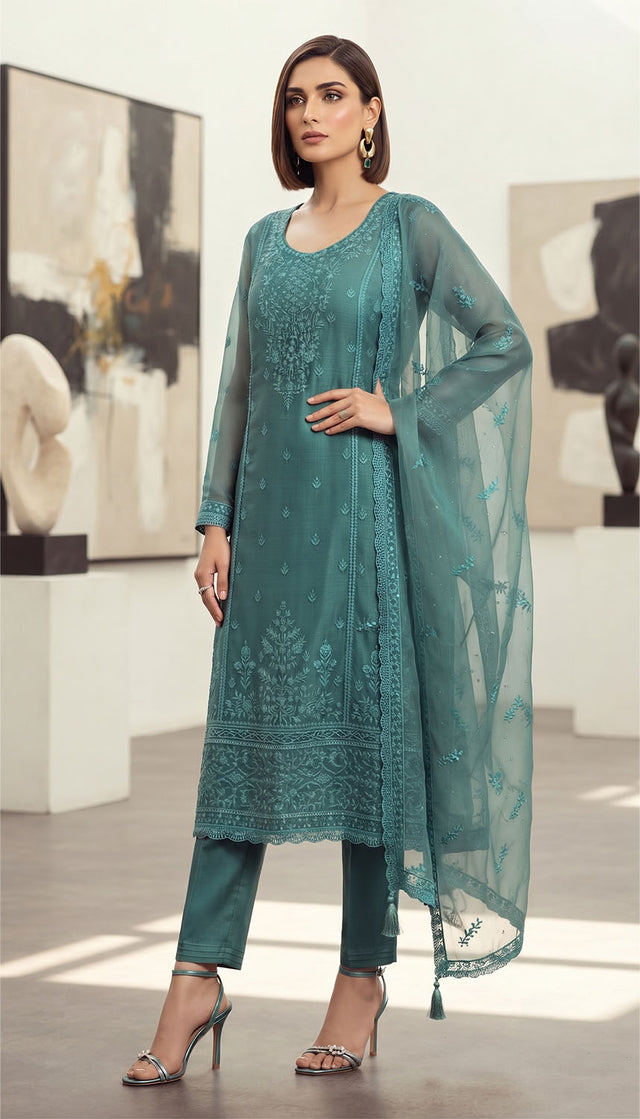 Blue Embroidered Chiffon Straight Cut Suit (ACA9133)