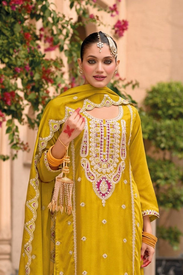 Mustard Floral Embroidered Chinon Palazzo Suit (ACA9134)