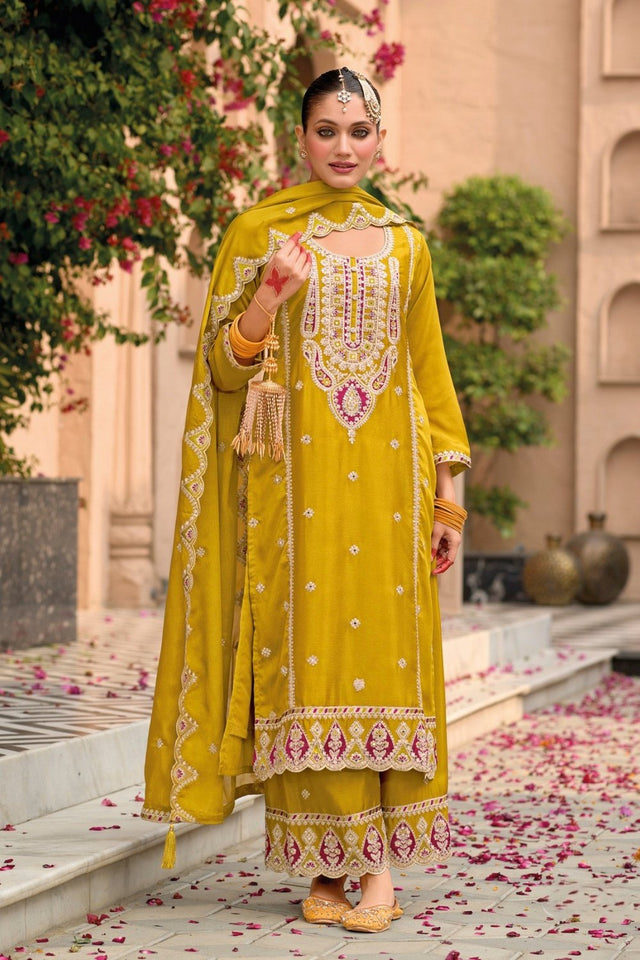Mustard Floral Embroidered Chinon Palazzo Suit (ACA9134)