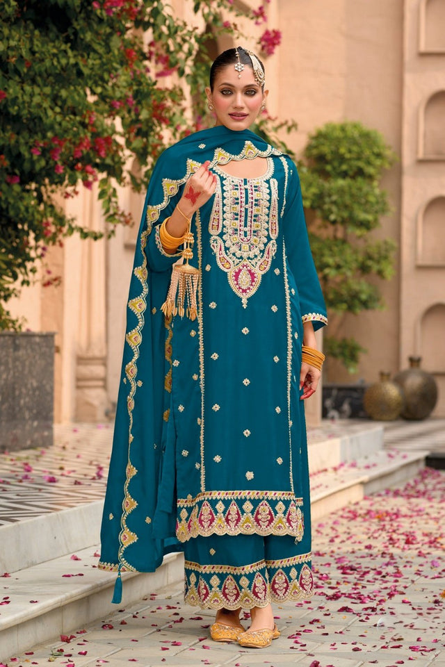 Turquoise Floral Embroidered Chinon Palazzo Suit (ACA9136)