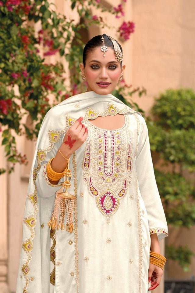 White Floral Embroidered Chinon Palazzo Suit (ACA9138)