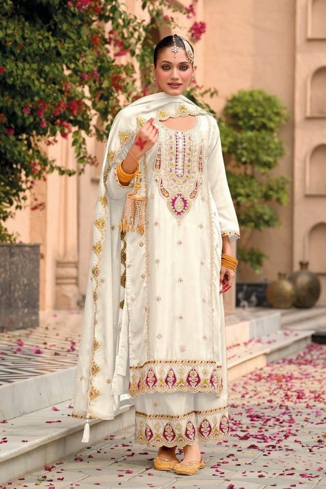 White Floral Embroidered Chinon Palazzo Suit (ACA9138)