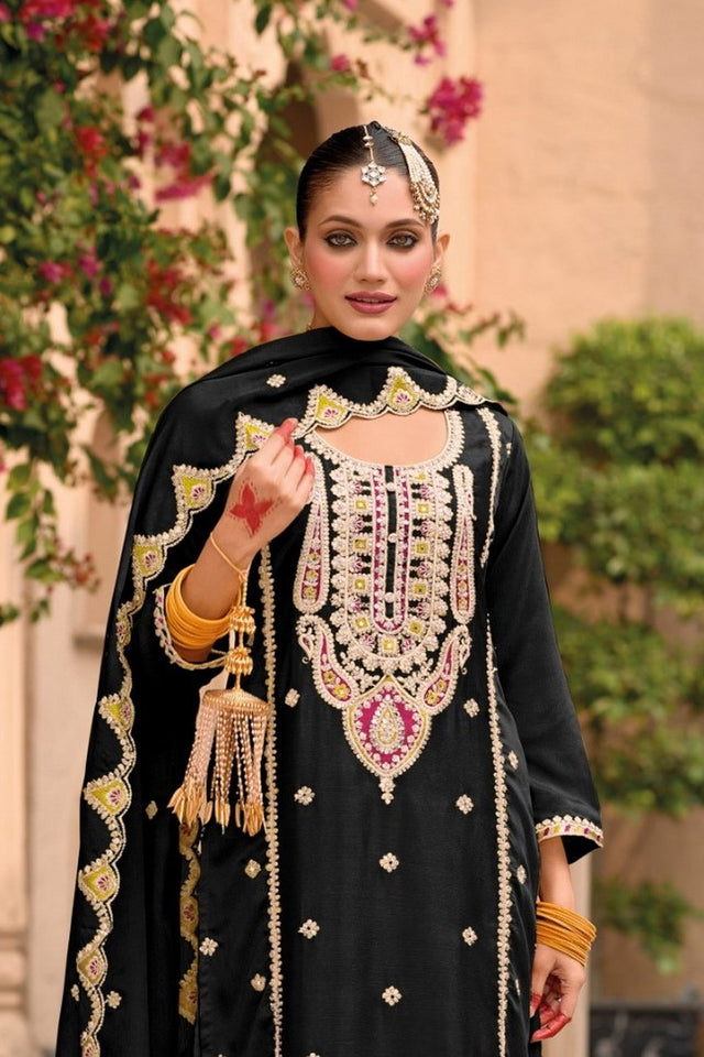Black Floral Embroidered Chinon Palazzo Suit (ACA9139)