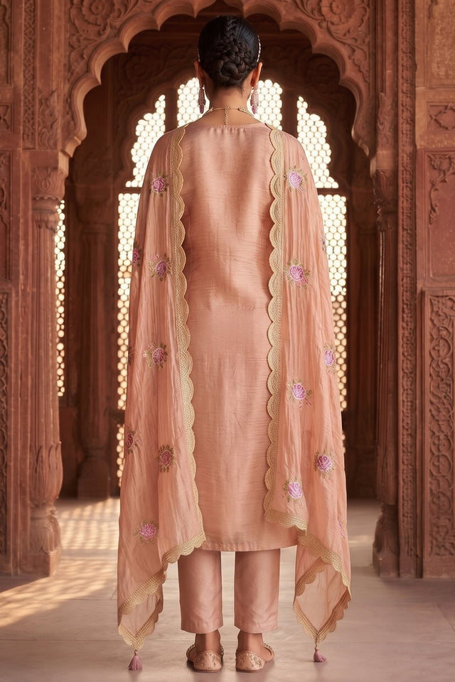Pink Floral Embroidered Silk Straight Cut Suit (ACA9140)