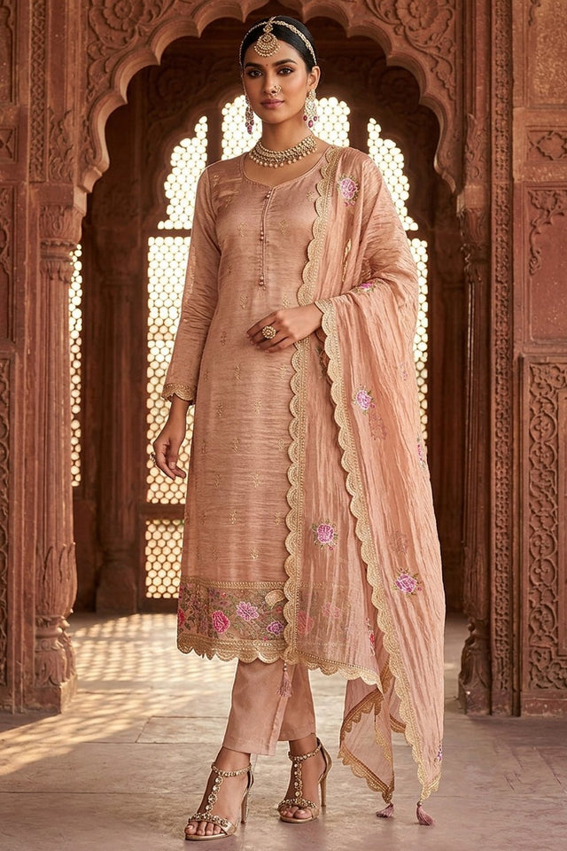 Pink Floral Embroidered Silk Straight Cut Suit (ACA9140)