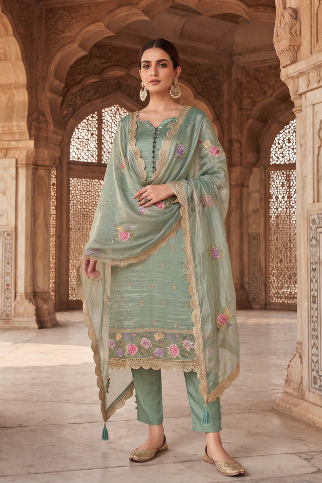 Green Floral Embroidered Silk Straight Cut Suit (ACA9141)
