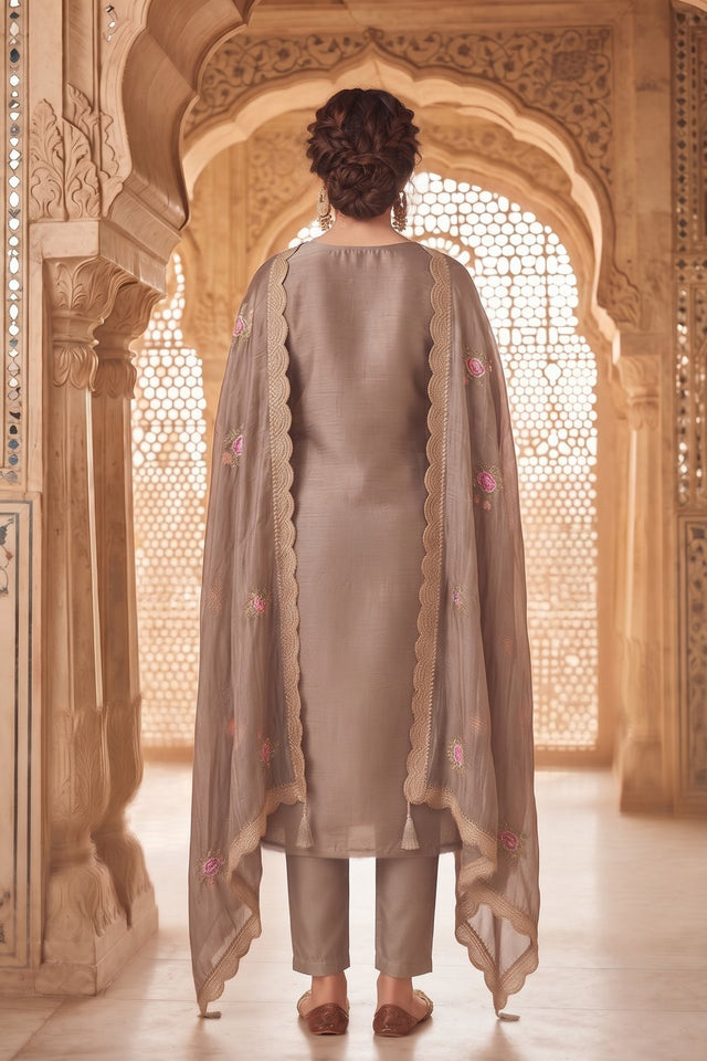 Brown Floral Embroidered Silk Straight Cut Suit (ACA9143)