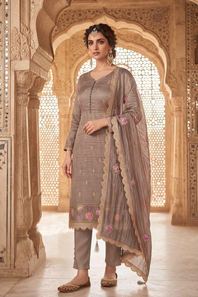 Brown Floral Embroidered Silk Straight Cut Suit (ACA9143)