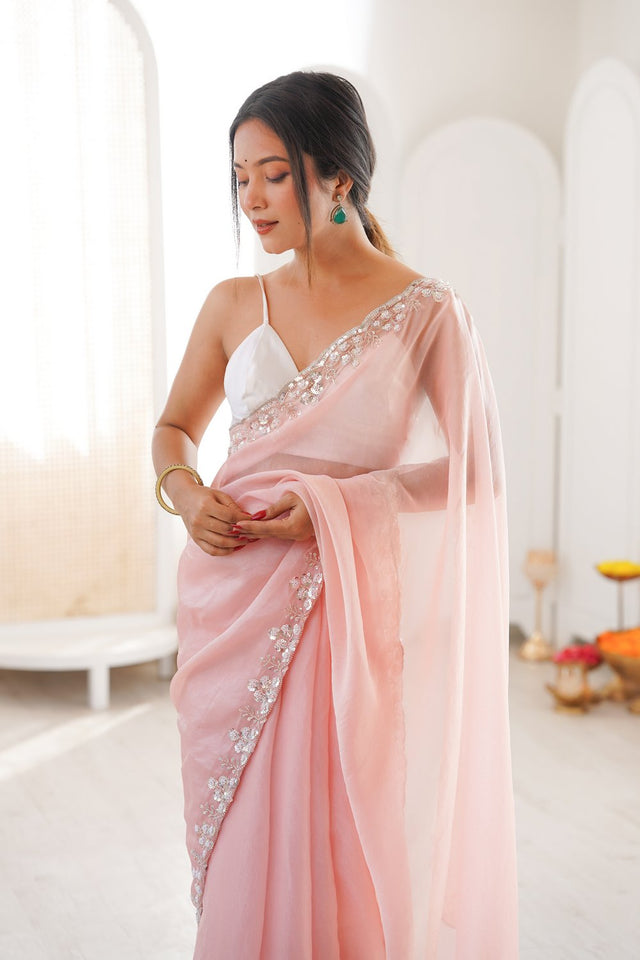 Pink Solid with Floral Sequin Bordered Chiffon Saree (ACA9145)